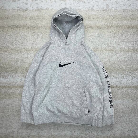 Nike Other - Vintage Nike Hoodie Light Grey Cotton Black Center Swoosh Spellout Logo Y2K